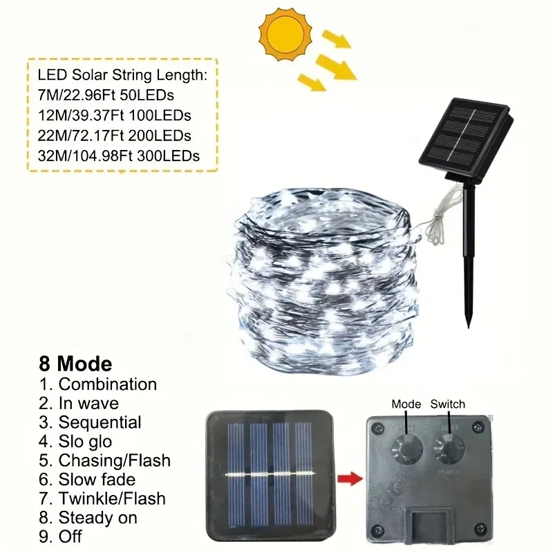 Garden Solar String Lights 8 Modes IP54 Waterproof Copper Wire 7M50LED-32M300LED for Patio Fence Tree Wedding Party Yard Decor