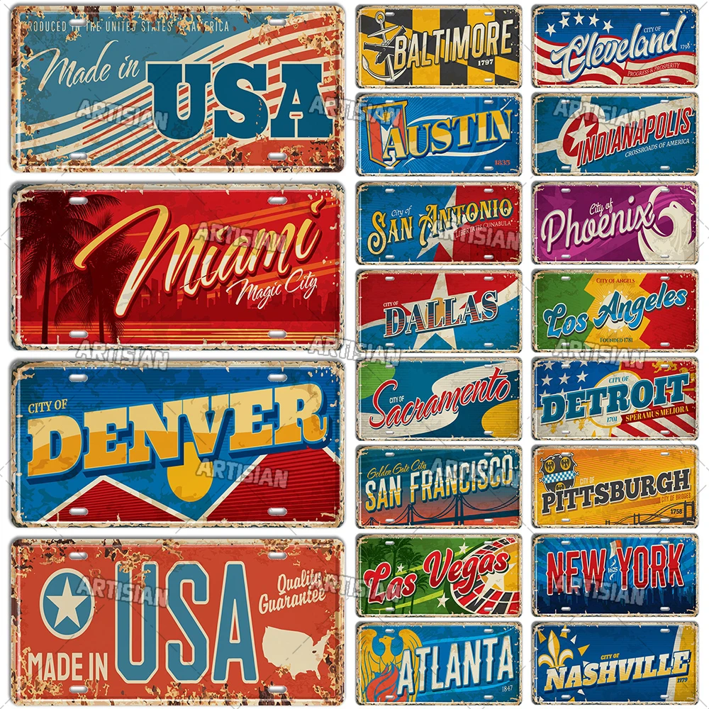 

Artisian USA License Plate Landmark Metal Sign US City State Decorative Plaque Wall Decor Garage Bar Pub Club Hotel Cafe Kitchen