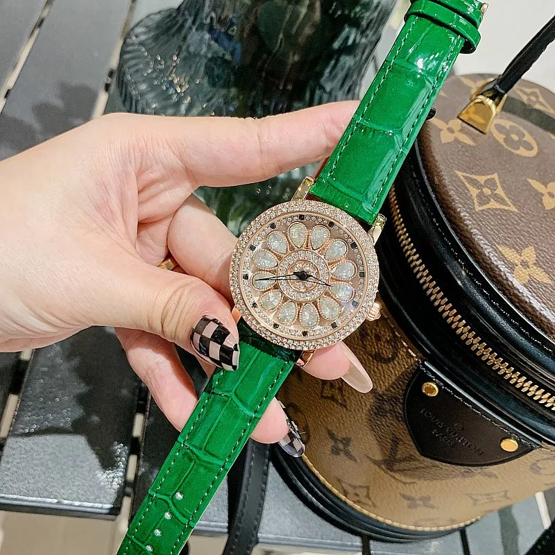 Luxury Rhinestone Genuine Leather Ladies Watch Fashion Creative Rotating Big Dial Waterproof Party Gift Watch Relogio Feminino