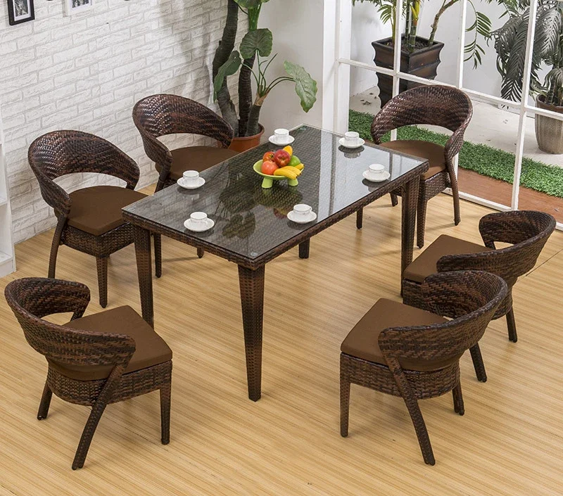 Outdoor table and chair Rattan table and chairs leisure cafe balcony courtyard table and chair solid wood rattan chair coffee