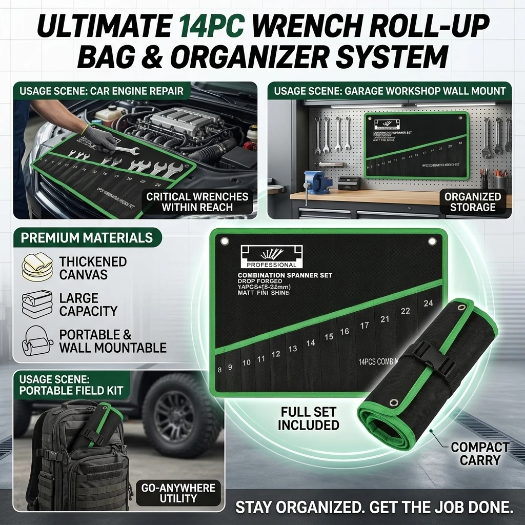 14-Pocket Tool Organizer Roll Portable Wrench Organizer Pouch Bag Durable Foldable Spanner Hardware Hand Tools Organization
