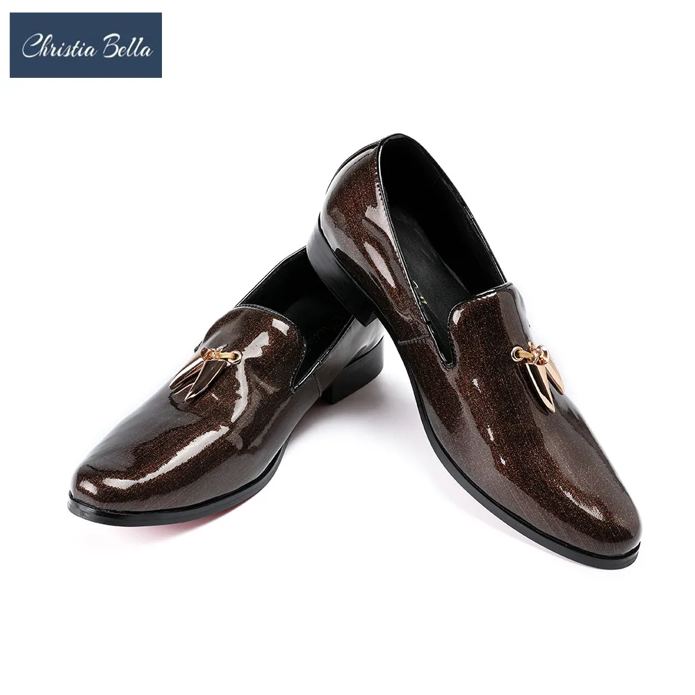 

Christia Bella Fashion Men Brown Patent Leather Shoes Wedding Party Men Dress Shoes Handmade Men Casual Loafers Smoking Slippers