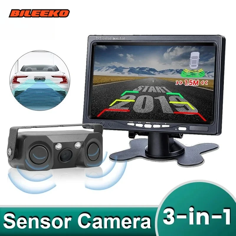 

Bileeko 3-в-1 радар автомобильный видеодатчик парковки комплект светодиодный парктроник дисплей резервный монитор камера заднего вида сигнализация