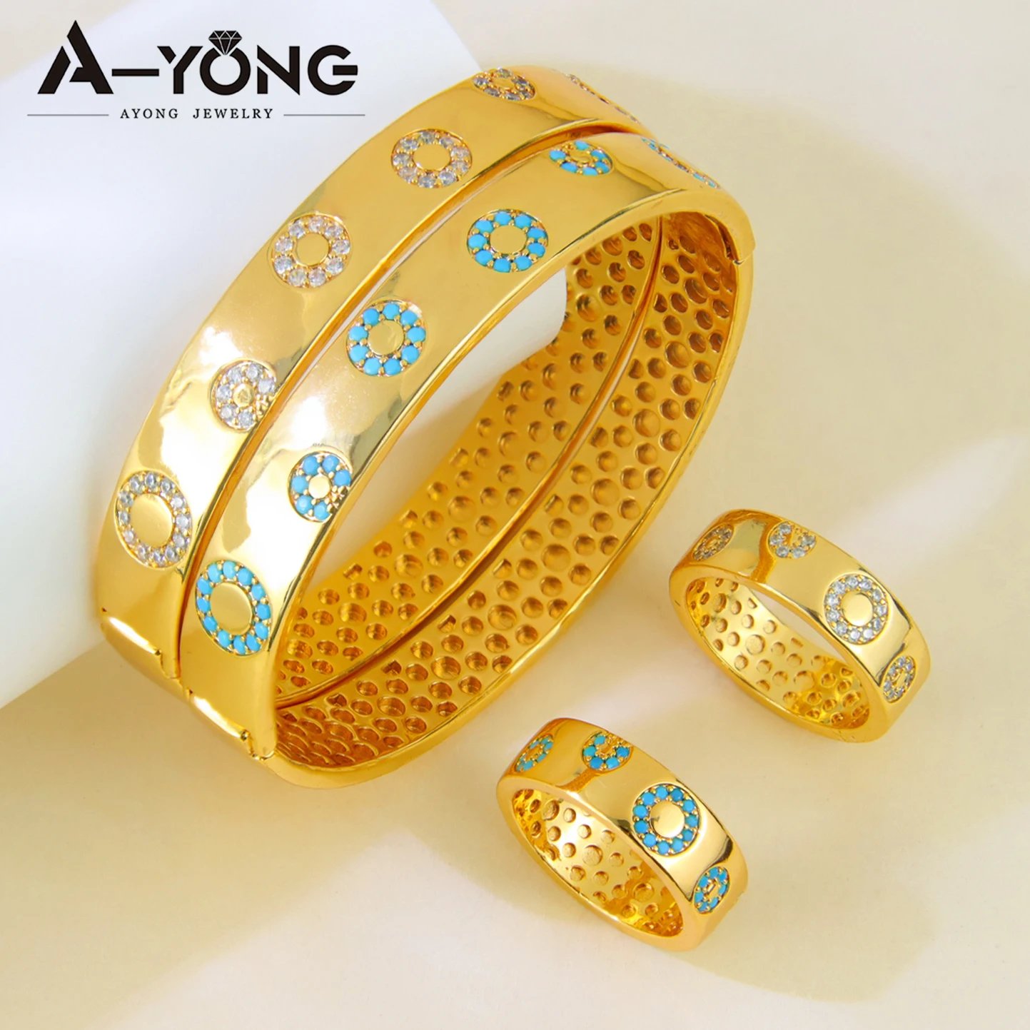 

Arabic Elegant Gold Color Bracelet Ring Set 21k Gold Plated Italian Fashion Cuff Bangles Dubai Women Ramadan Party Jewelry
