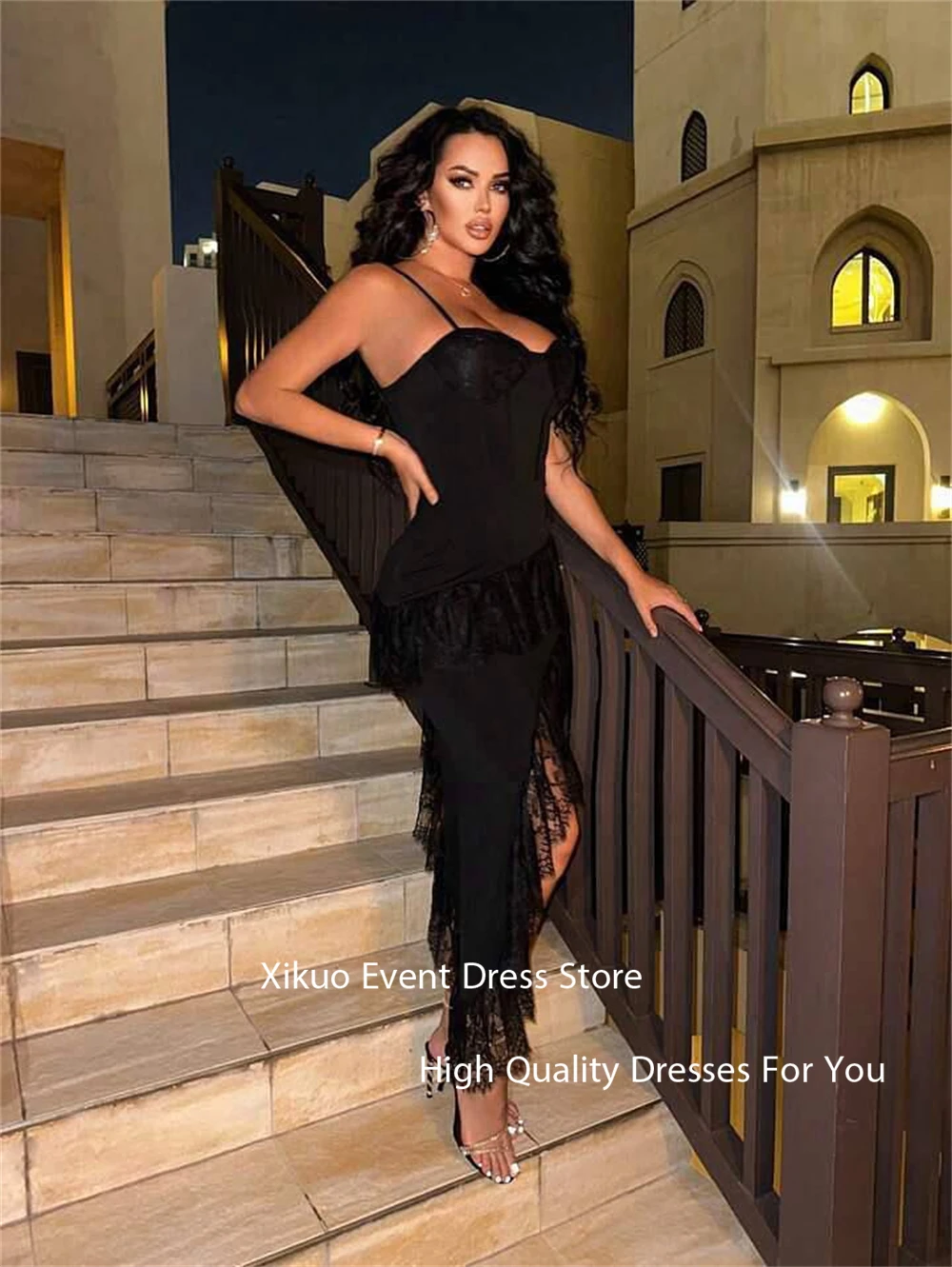 Xikuo sexy preto cetim vestido de baile sereia cinta espaguete vestidos para eventos rendas sem mangas cocatail vestido de noite personalizado