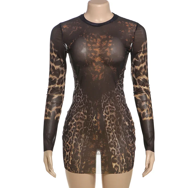 DSMTRC Vrouwen Sexy Coquette Luipaard Print See Through Jurk Mini Bodycon Midnight Party Clubwear Volledige Mouw O-hals Stretch Gewaden