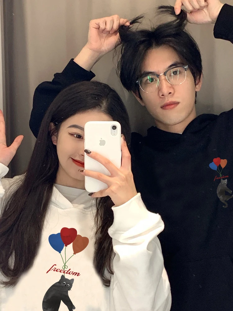 Balloon Cat Pattern Couple Sweatshirts Autumn and Winter 2024 New Casual Loose Hoodies