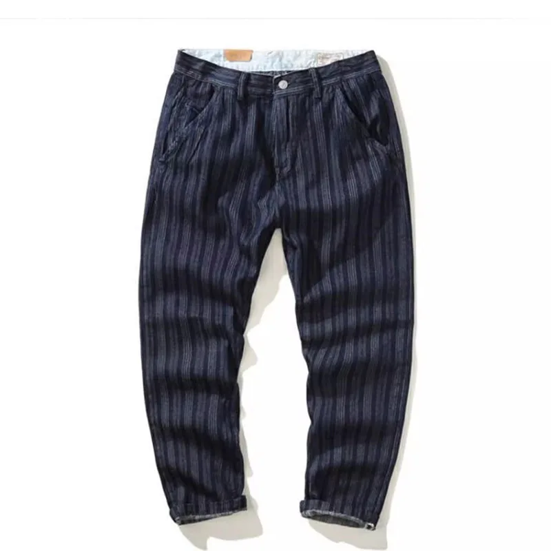 Mcikkny Men Cargo Vintage Striped Jeans Pants National Style Blue Denim Trousers