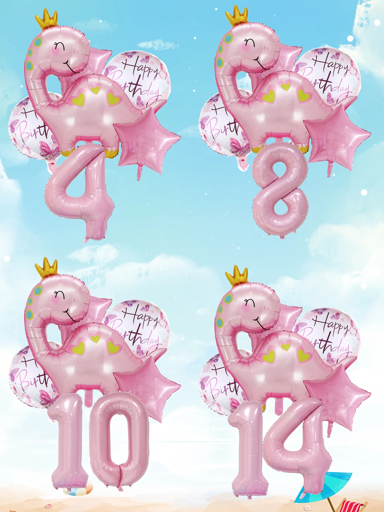 1set Pink Crown Dinosaur Foil Balloons 40 Inch Number Helium Balloon Baby Girl Children‘s Birthday Party Decorations Kids’