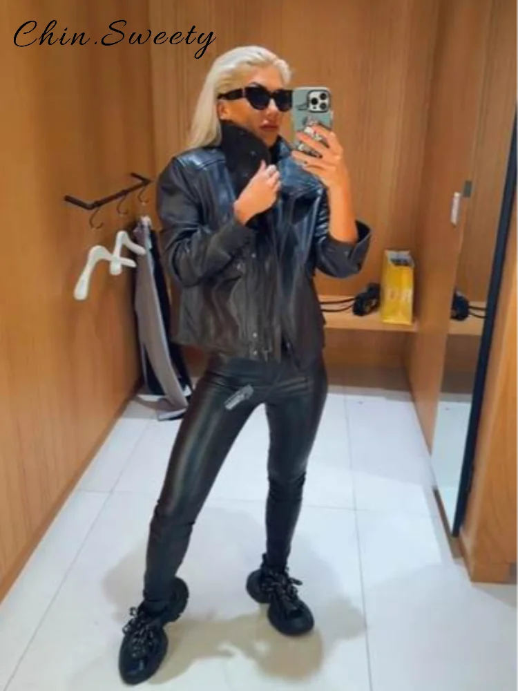 

Street Women's Stand Collar Leather Jacket Loose Full Sleeve Single Breasted Pockets Coat 2025 Autumn Lady Commute Outwears New