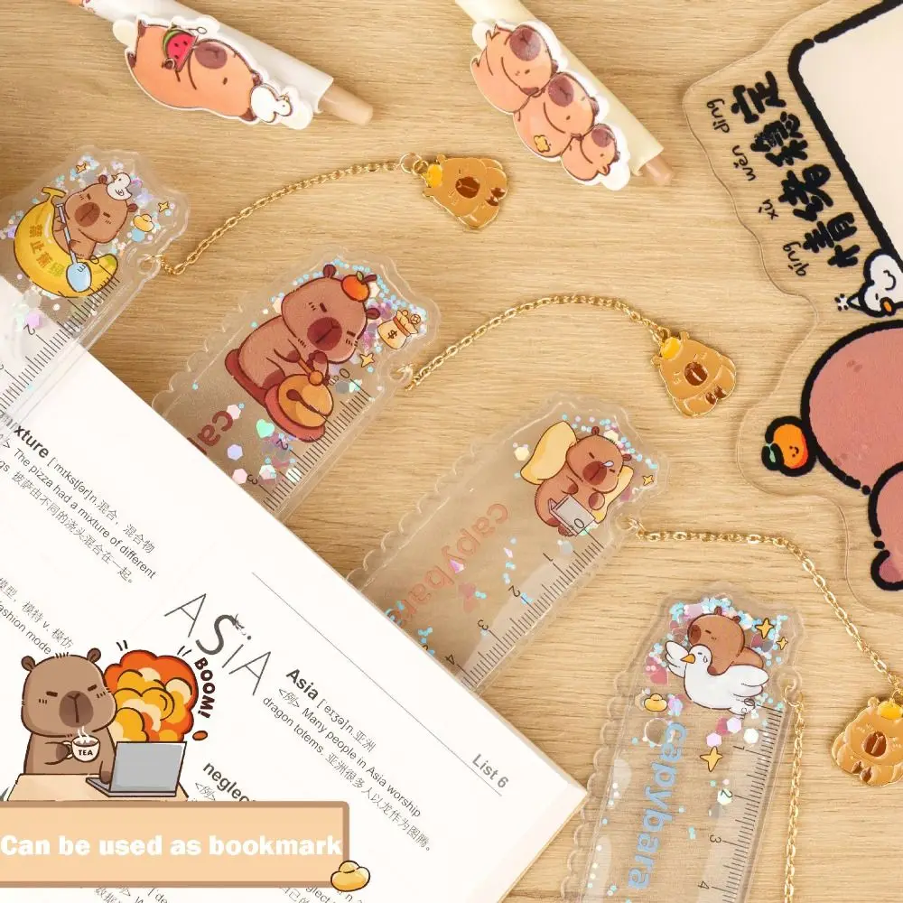 Cute Capybara Straight Ruler 15cm Quicksand Measuring Ruler Cartoon with Pendant Straightedge Drawing Tools