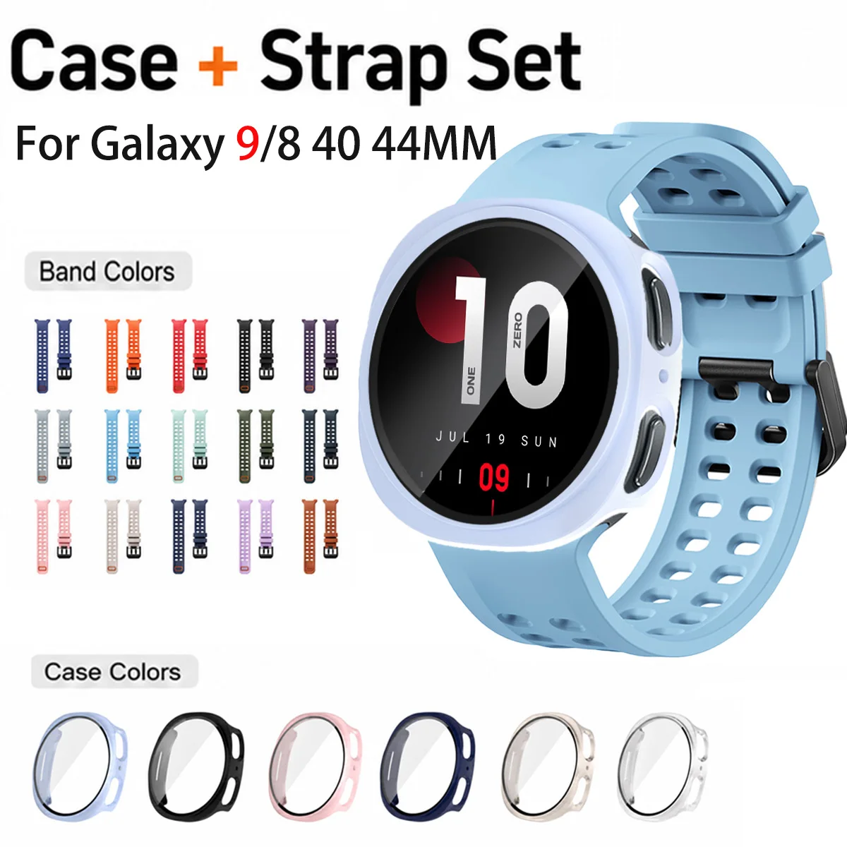 Capa + Pulseira + Vidro para Samsung Galaxy Watch 9 8 40 44mm, Capa 2 em 1 com Pulseira de Silicone para Galaxy 9, Estrutura Protetora, Bracelete