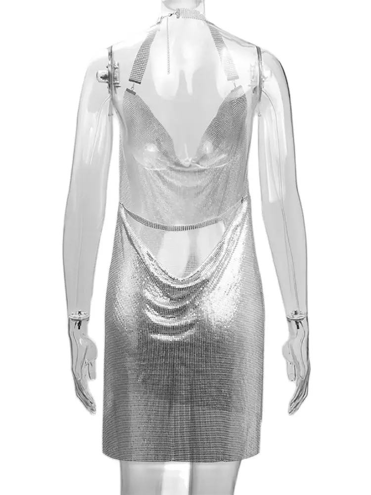 Minivestido Halter de corte bajo con lentejuelas brillantes de lujo, Espalda descubierta, Patchwork dividido, sin mangas, ahuecado, para fiesta, Sexy, vestidos sólidos para mujer