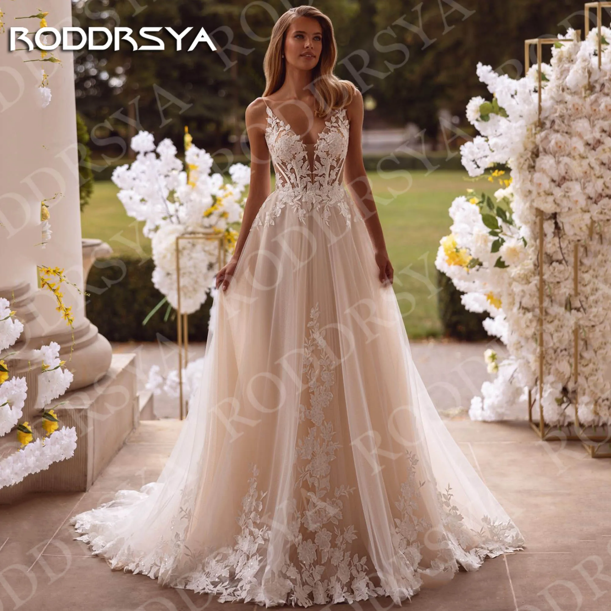 RODDRSYA Elegant V Neck Wedding Dresses Princess A Line Shine Tulle Spaghetti Strap Lace Bridal Dress Customized vestido novia