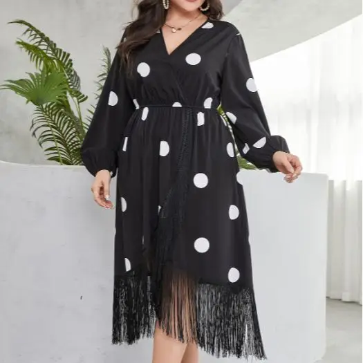 

Plus Size New Style Tassel Minimalist Skirt With Waistband Polka Dot Print Dress For Women In Large Size