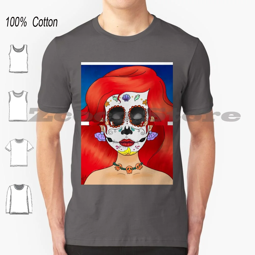 

Sugar Skull Under The Sea * Redone * T Shirt 100% Cotton Comfortable High-Quality The Little Mermaid Sugar Skull Dia De Los