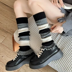 Women Leg Warmers Trendy Autumn Winter Mixed-color Striped Knee High Socks Women's Japanese Style Long Socks Ruffle High Quality