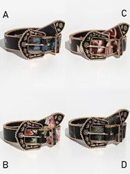 1pc Vintage Western Style Women's Black Metal Buckle Asymmetrical Floral Embroidered & Etched Leather Belt, Suitable For Casual