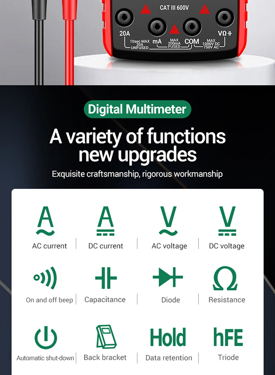 ANENG DT9205A Multifunktionales Digitalmultimeter mit 1999 Zählungen, Summer, Dioden- und Transistortest, Universalmessgerät für Elektriker – Detail 2