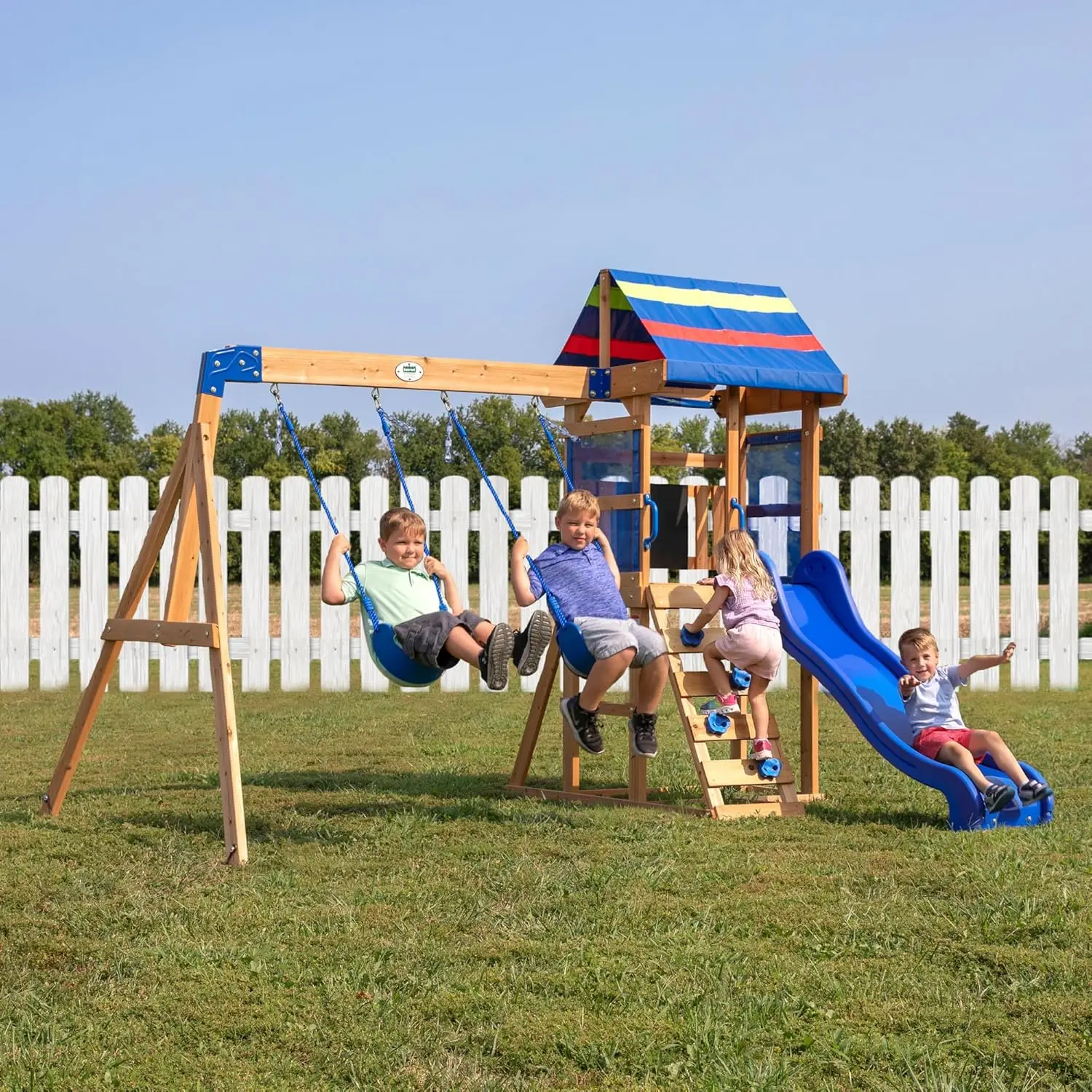 

Backyard Discovery Bay Pointe All Cedar Wooden Swing Set Large Upper Deck Canopy Sandbox Rock Wall Slide Two Swings Blue