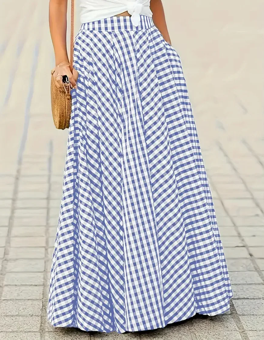 Spring Autumn Elegant Fashionable Style Plaid Medium-length High-waist Commuting Large Hem Skirt Women Skirt With Draped Feeling