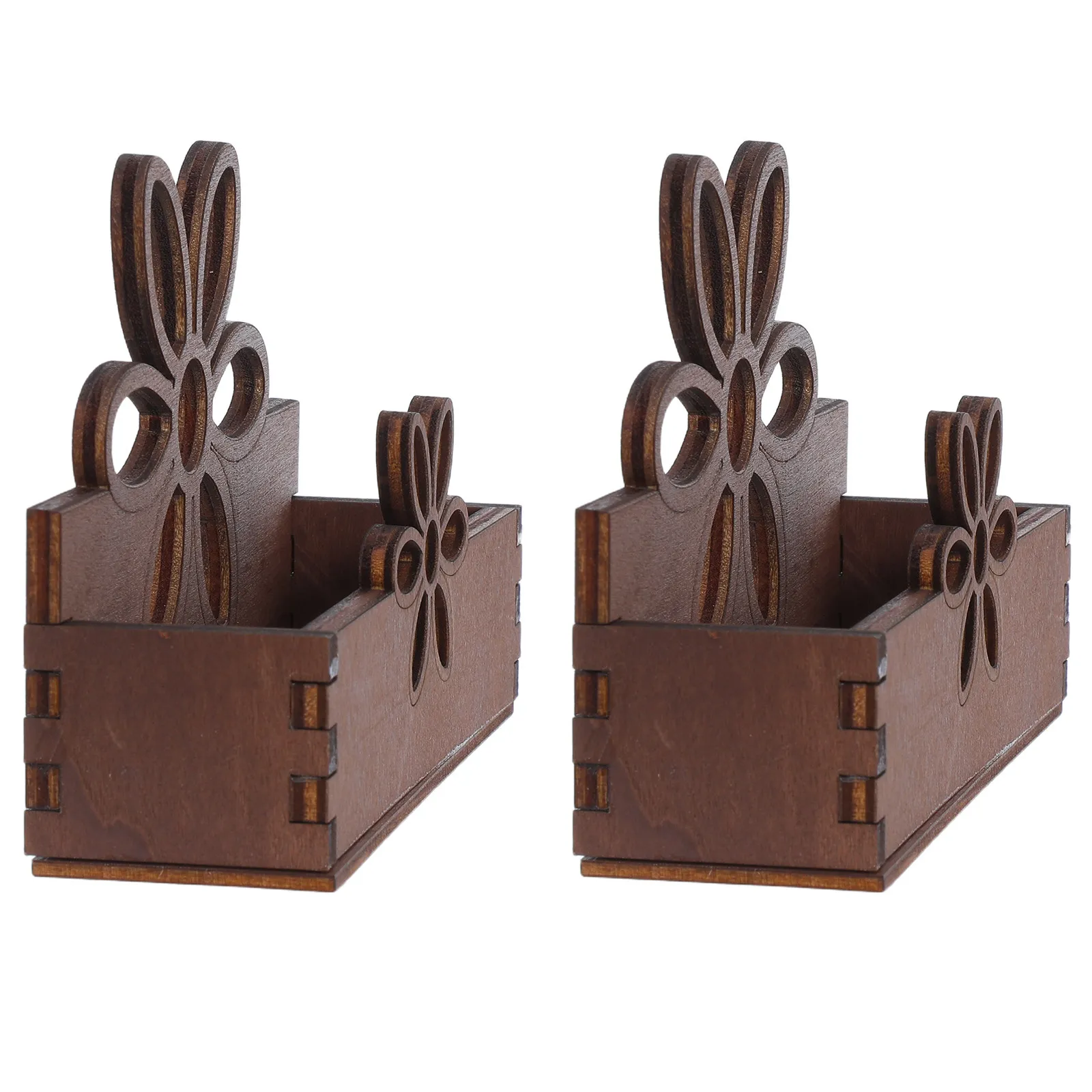 Wood Business Card Holder 2 Piece Set Hollow Floral Hand Painted Desk Organizer for Office Reception Table