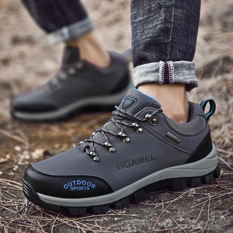 Black Leather Boots Men Sports Flat Shoes Outdoor Comfortable Hiking Sneakers  Winter  Water Proof Hiking Man Footwear