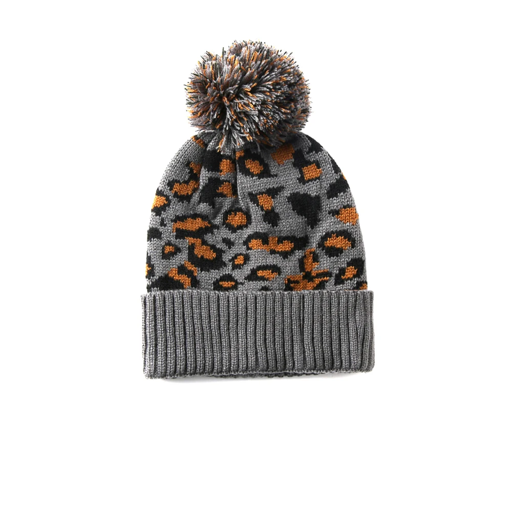 4 Color Knitted Leopard Beanies Skully Trendy Warm with Pompom Fur Pom Pom Print Winter Hat For Women Fashion Gift