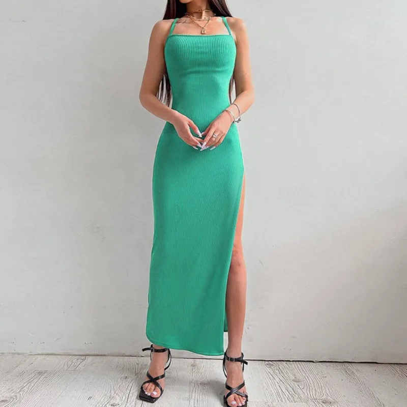 

2025 New Summer Casual Sexy High Split Suspender Dress Temperament Casual Vacation Backless Solid Color Long Hip Hugging Dresses