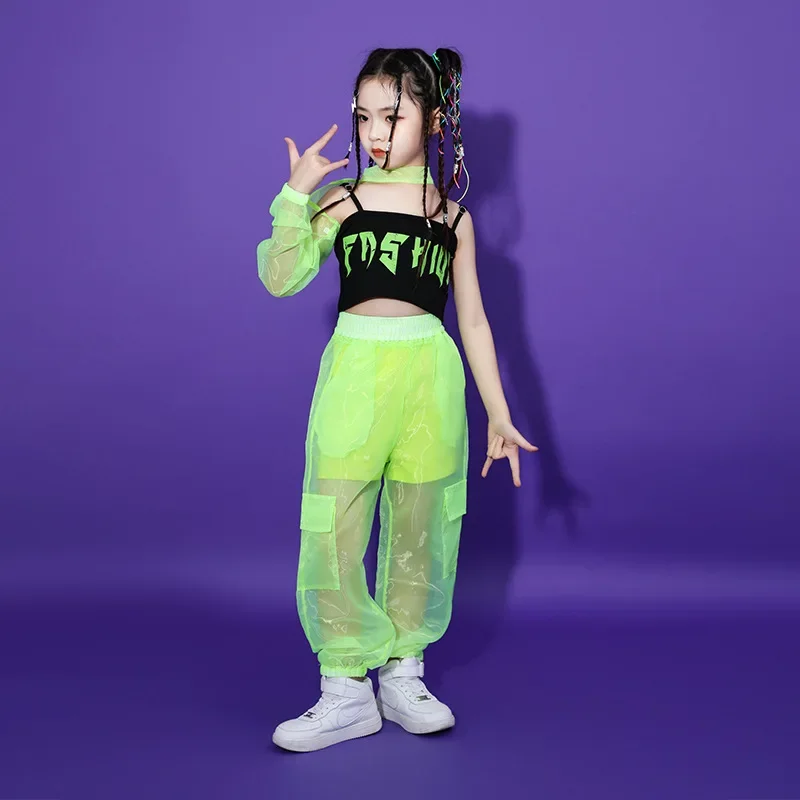 Hip Hop เสื้อผ้าเด็กหญิง Jazz Street Dance เครื่องแต่งกายสีเขียว Single Sleeved Crop Tops กางเกงตาข่ายเด็กชุดประสิทธิภาพ