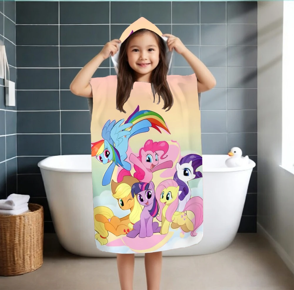 Afbeelding 3: My Little P-Pony ouder-kind badponcho met capuchon, Rainbow Pony Cloud microvezel sneldrogende strandhanddoekbadjas voor kinderen volwassenen zwemmen