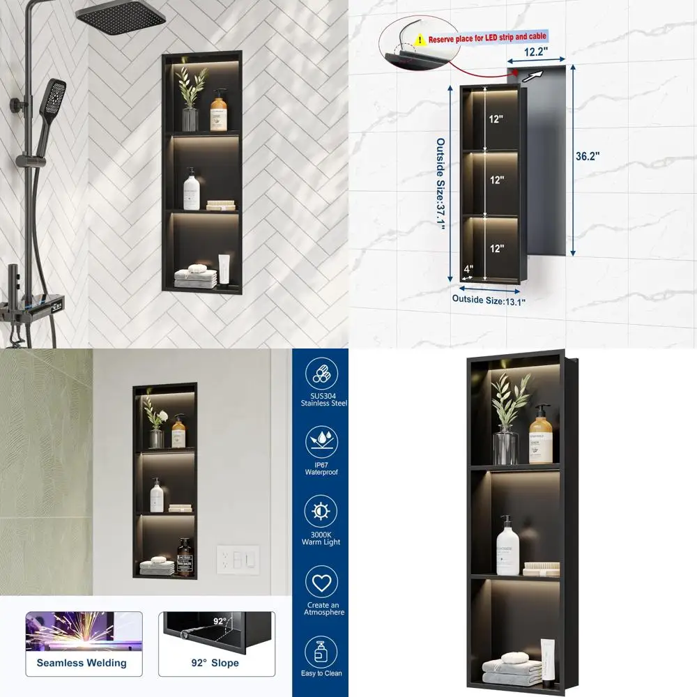 

3-Tier Recessed Shower Niche with LED Light, Matte Black Stainless Steel, 12x36 Inches, Wall-Mounted Bathroom Shelf, 3000K Warm