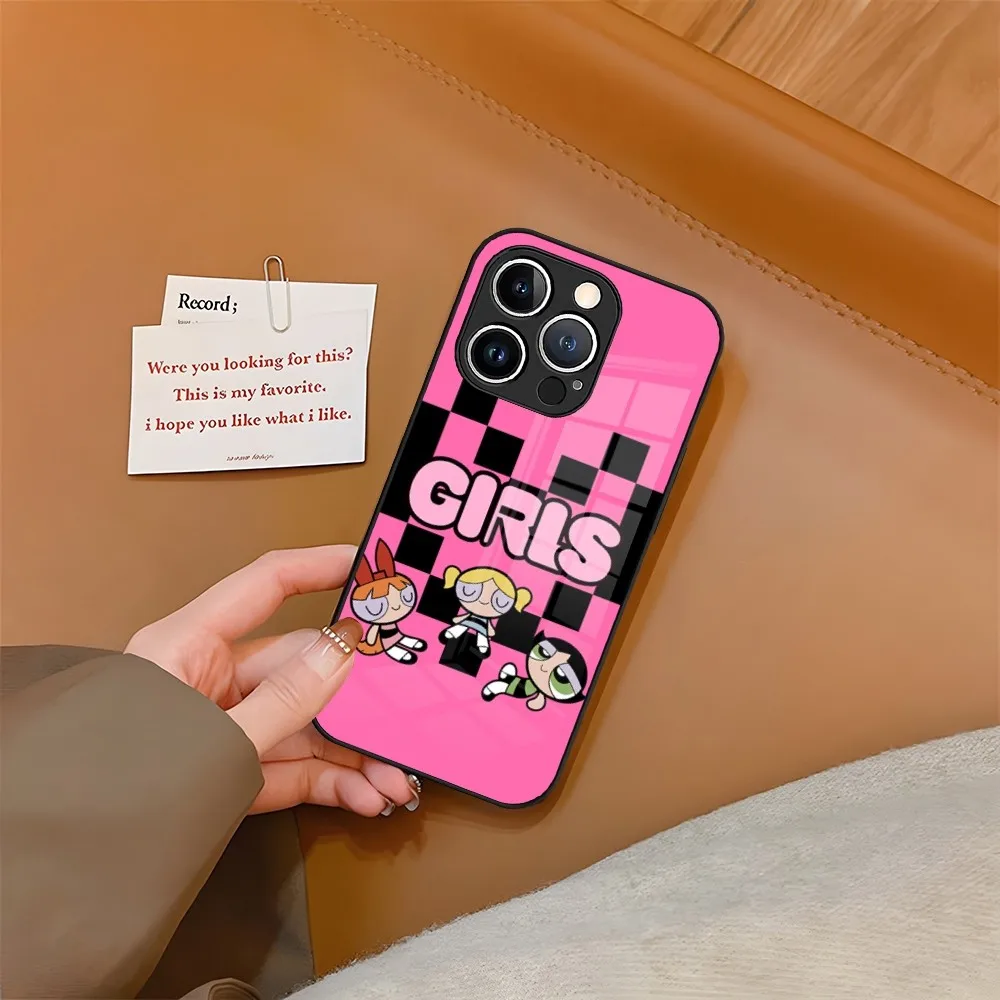 P-PowerpuffS G-Girls Phone Case Tempered Glass For iPhone 15 13 14 12 11 Pro XS Max Plus Mini X XR 8 7 6s SE2020 Coque