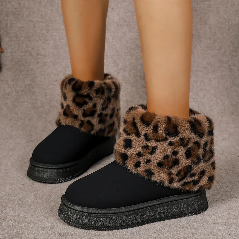 Fluffy Leopard Women Ankle Snow Boots Flats Platform Cotton Shoes Winter Warm Casual Suede Boots Trend 2024 Walking Female Botas