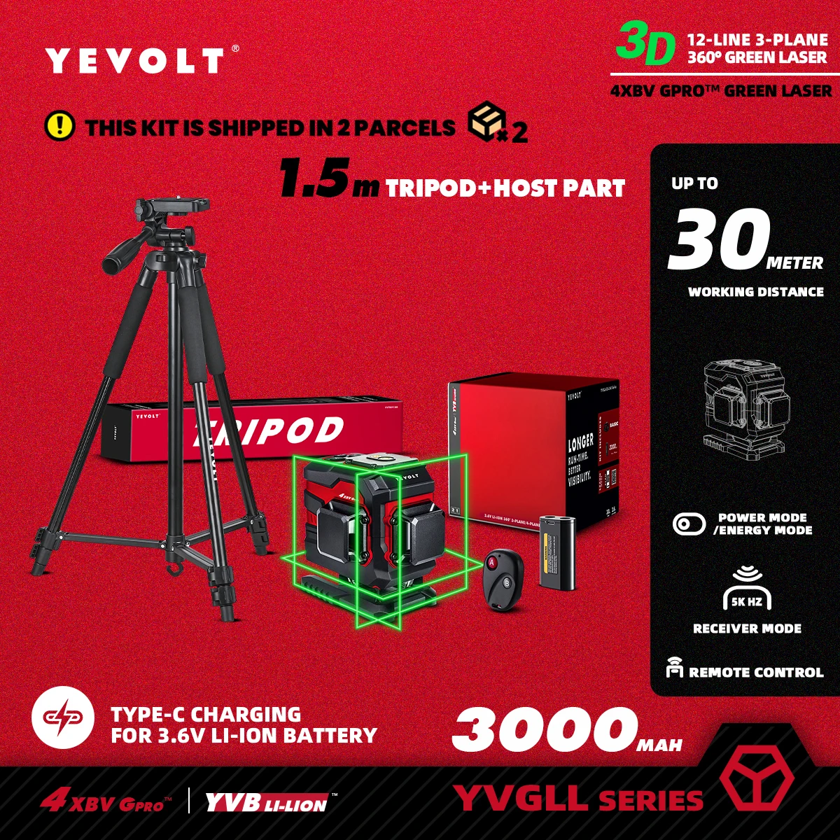 YEVOLT TP-YVGLL4XS12T Green Laser Level 3-Plane 12-Line Self-Leveling 360 3D Power Measuring Tool with 1.5M Aluminum Tripod