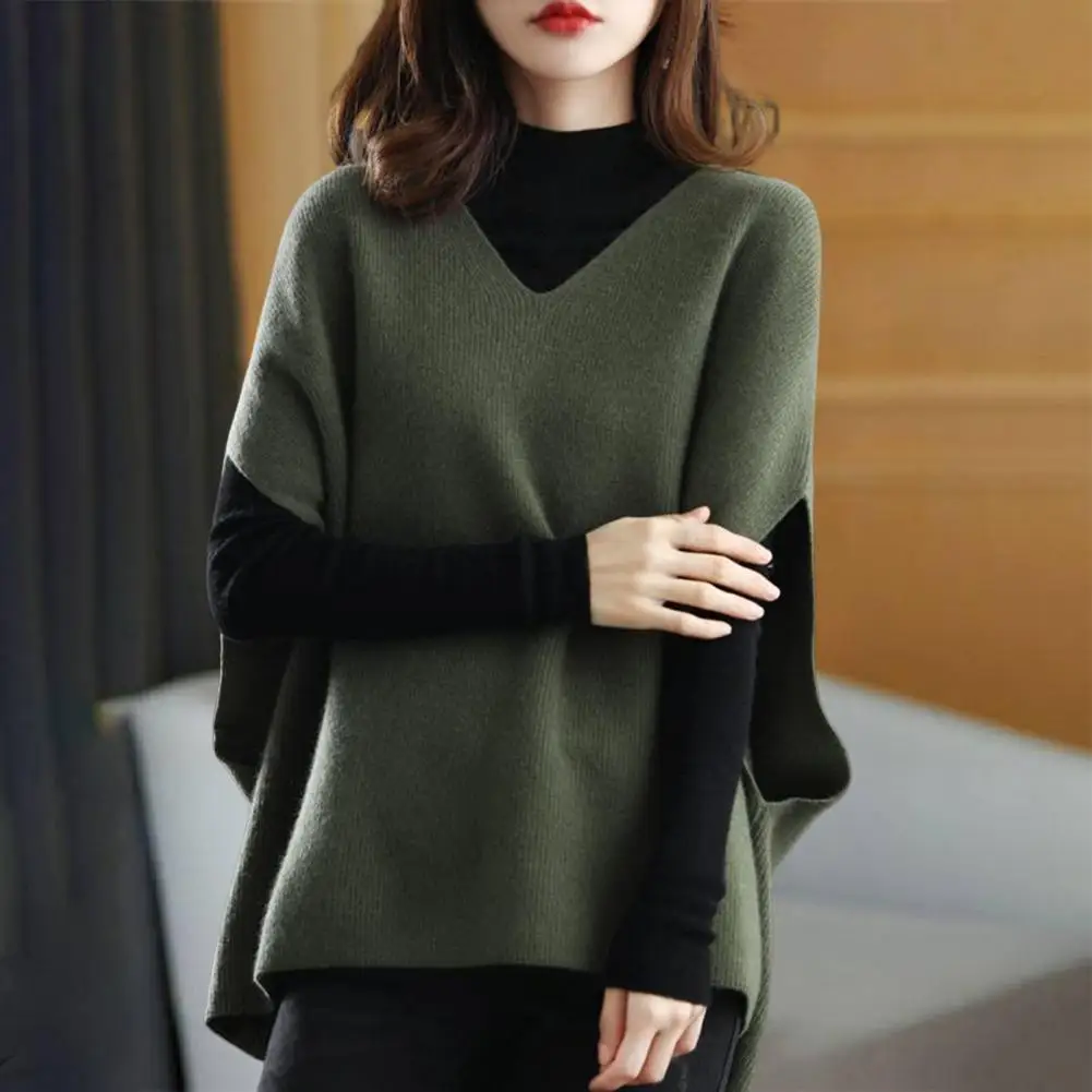 

V-Neck Batwing Version Tops Solid Color Vest Sweater Women Autumn Winter Pullover Oversized Sleeveless Knitwear Daily Clothing