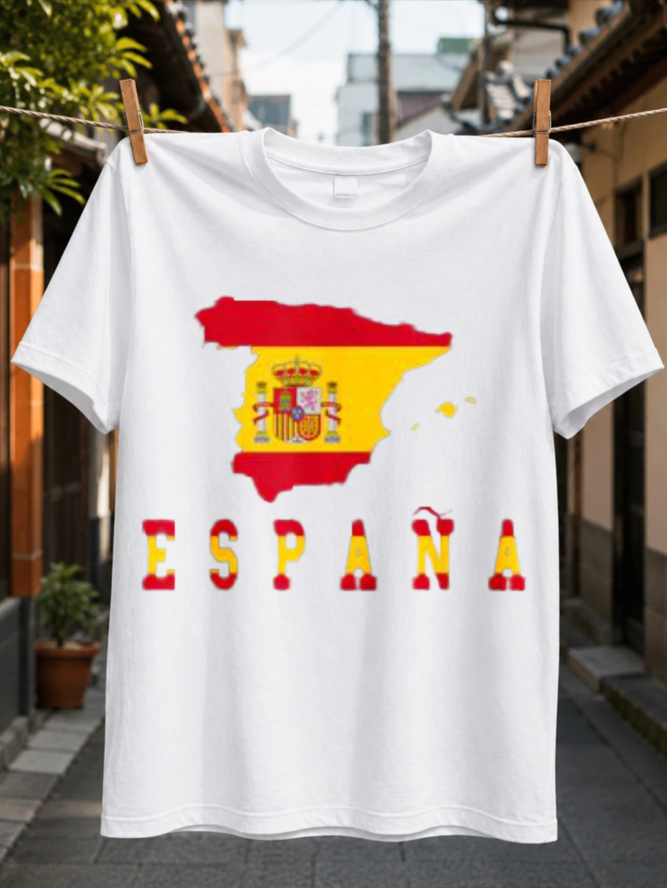 Espana Spain Silhouette Filled with Red Yellow Fl-ag and Coat of Arms above Bold National Lettering  Unisex All T-Shirt