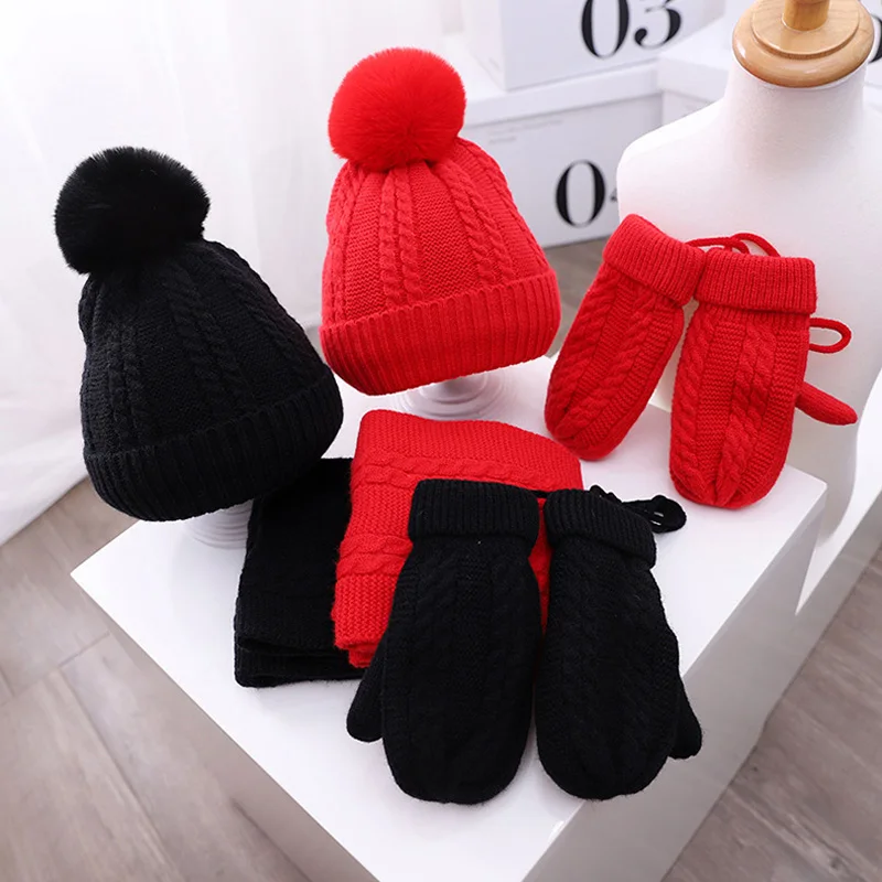 3PCS Winter Baby Hat Scarf Gloves Set Plush Lining Kids Beanie Neck Warmer Snow Outdoor Children Caps for Girls Boys 1-5Y