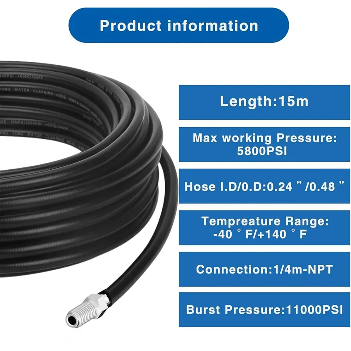 【AT48】 NEW 15m 400 Bar Pipe Cleaning Hose Set,140°C High Temp,Compatible with K2-K7 Pressure Washers,Includes Adapter
