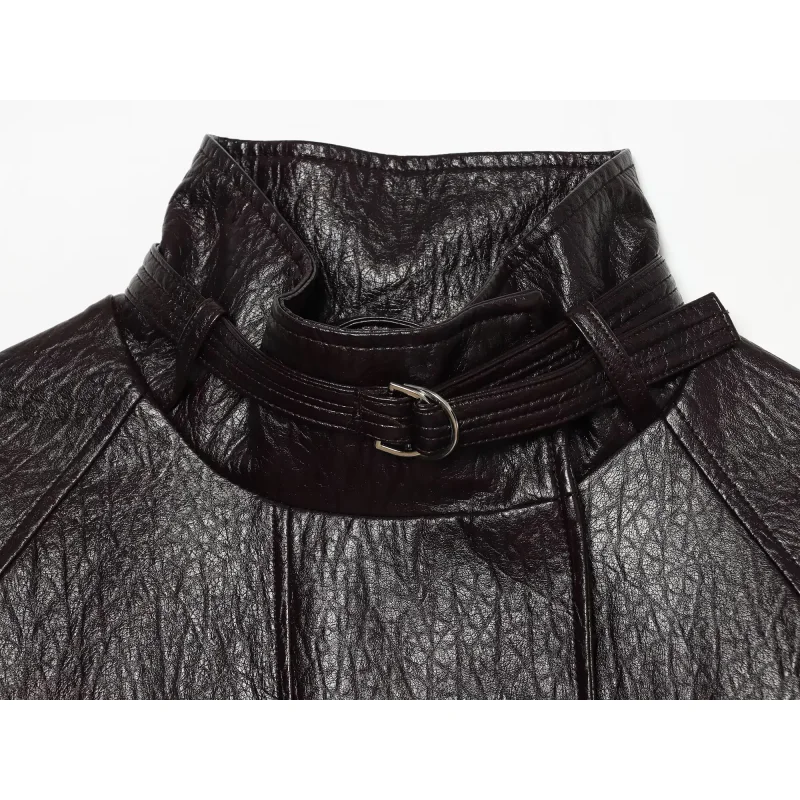 Damen Rollkragen PU-Lederjacke Winter 2026 Neu mit Gürtel Tailliert Locker Sitzend Warme Mäntel Mode Streetstyle Damen Reise-Oberbekleidung – Detail 5