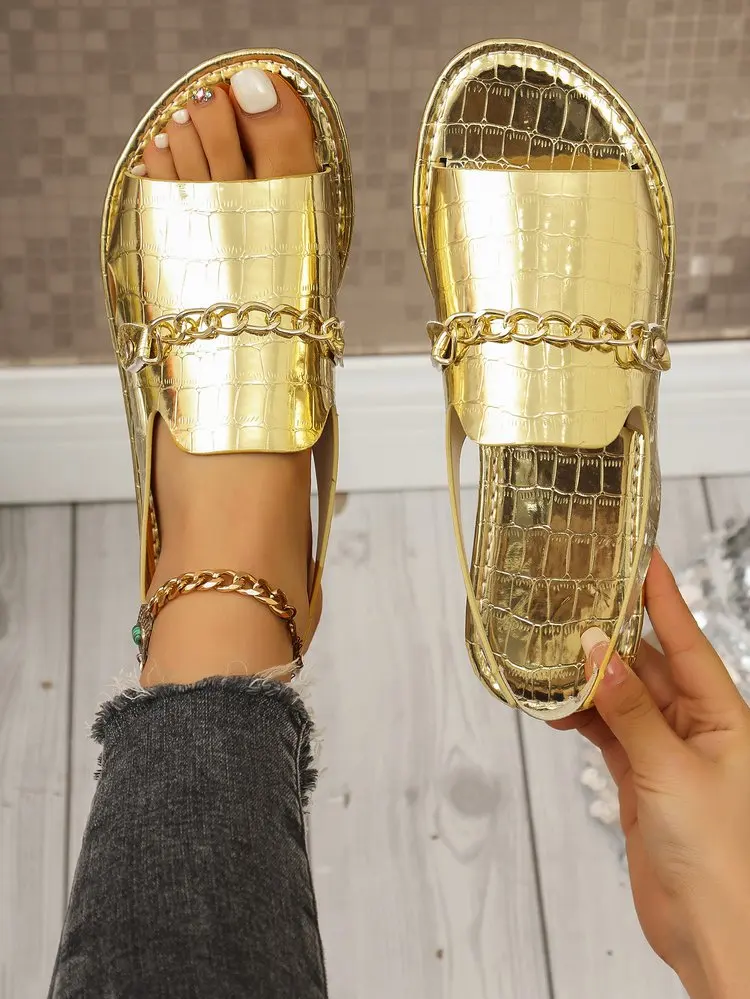 Damen Glitzer-Gold-Pantoletten Sommer Metallic Strukturierte Sandalen mit Ketten-Dekor Große Größen Offene Zehen Flache Slides Damen-Hausschuhe – Detail 6