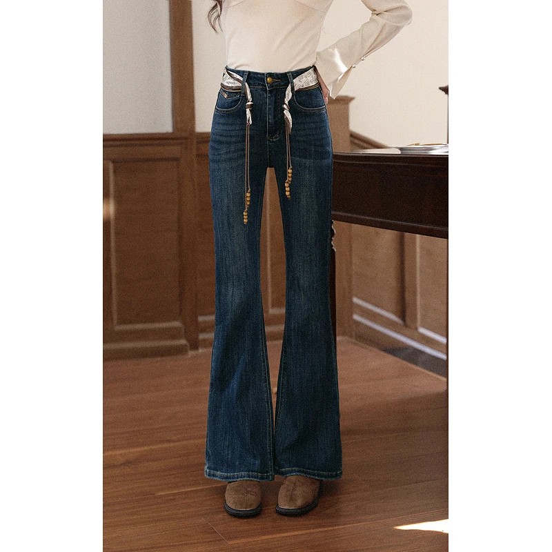 Alxnan vintage azul queimado jeans feminino de cintura alta fino ajuste algodão denim jeans 2025 outono inverno casual calças femininas l57012