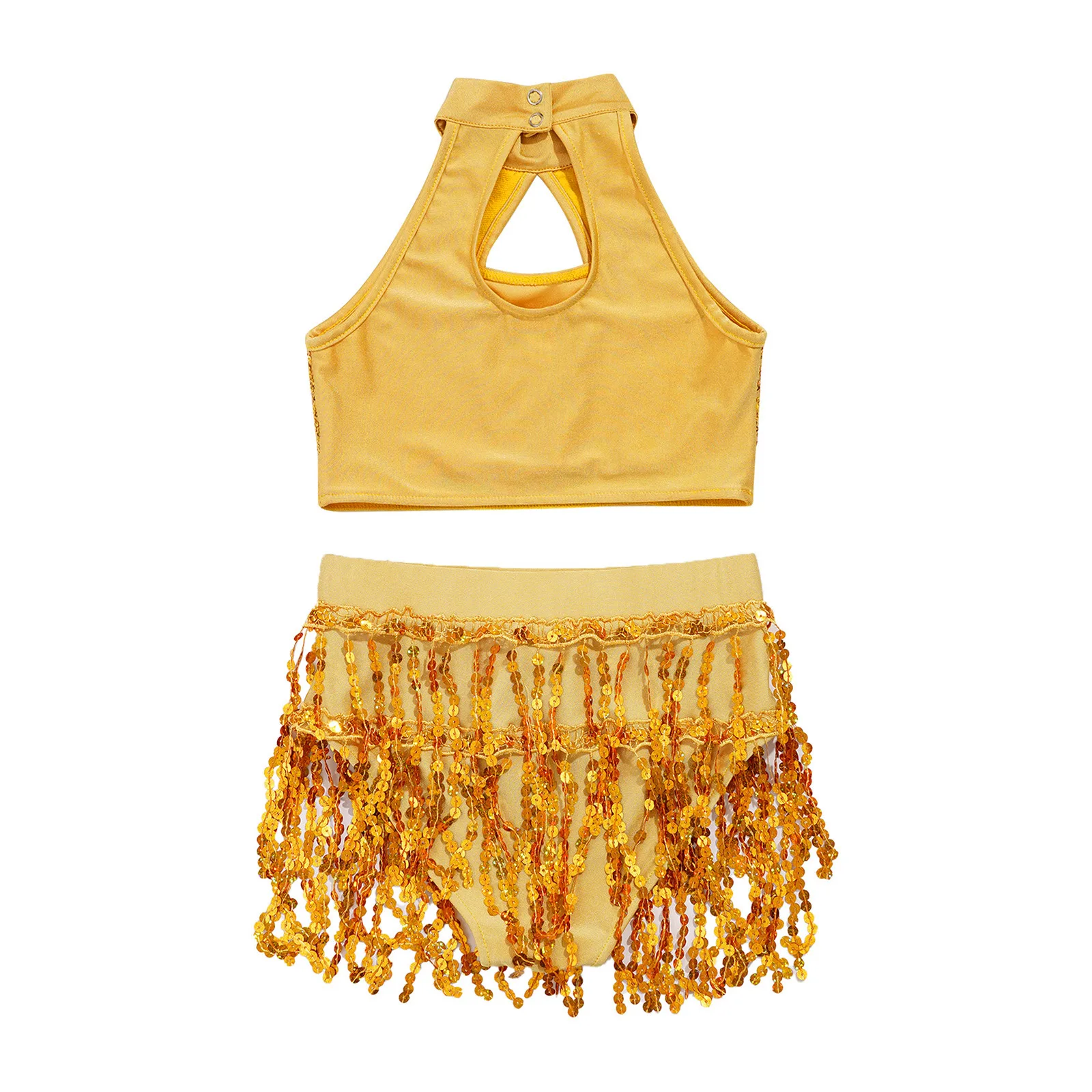 Kids Girls Jazz Latin Samba Dance Performance Costume Sequin Dance Outfit Hollow Halter Top Sequin Fringe Shorts Suit