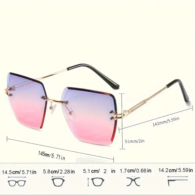 Retro-Mode-Sonnenbrille mit quadratischem Farbverlauf für Damen, modische randlose Strand-Sonnenbrille mit Farbverlauf, UV400-Brille – Detail 6