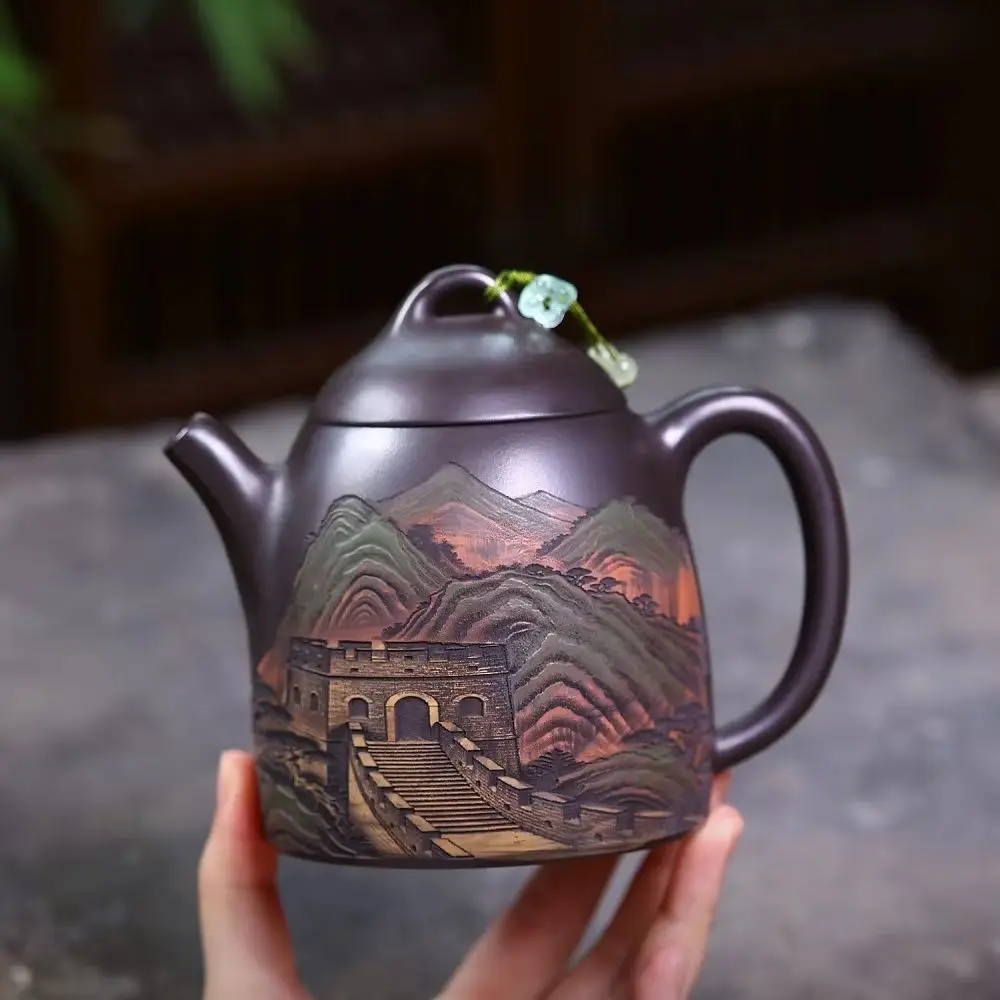 420ml Yixing Zisha Teapot Handmade Great Wall Relief Purple Clay Kung Fu Tea Pot