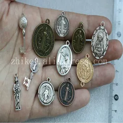 10 Pieces/Bronze Miracle Medal Pendant Charm Round St Benedict Cross Pendant For Unisex DIY Necklace Religious Jewelry