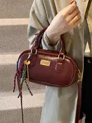 Vintage Textured Bowling Bags Women Fashion PU Leather Small Handbags 2024 New Solid Color Lady Commuter Shoulder Bag