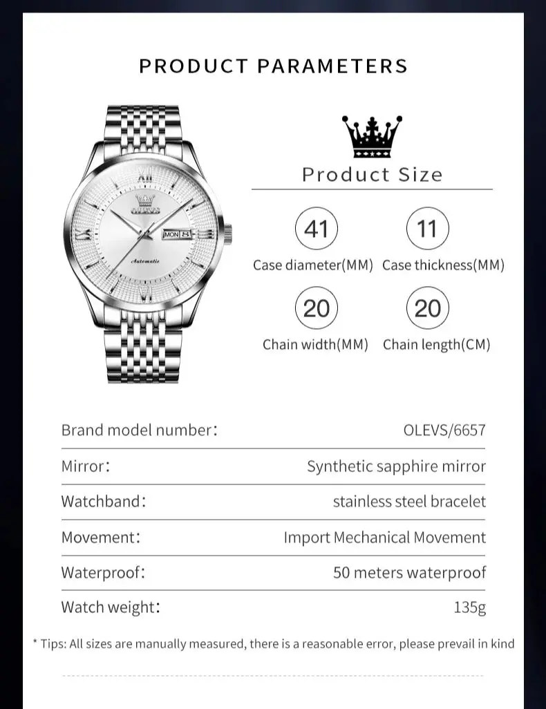 OLEVS 6657 الأصلي حركة المواطن التلقائي ساعة اليد الميكانيكية للرجال 50 متر مقاوم للماء الياقوت مرآة ساعة رجل فاخر