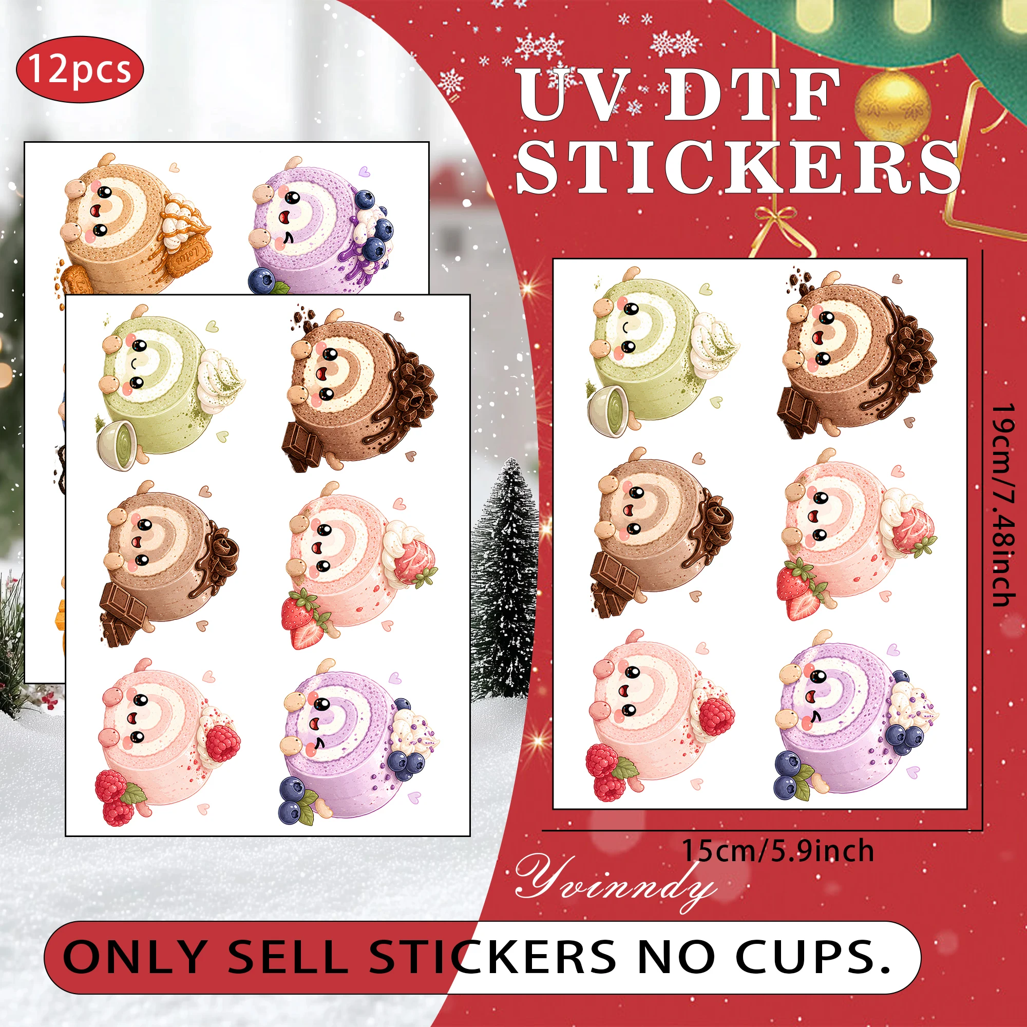 12PCS/Set Of Cute Swiss Roll Made With Waterproof Durable High-quality UV DTF Transfer Stickers, DIY Christmas Gift(NO Cup)