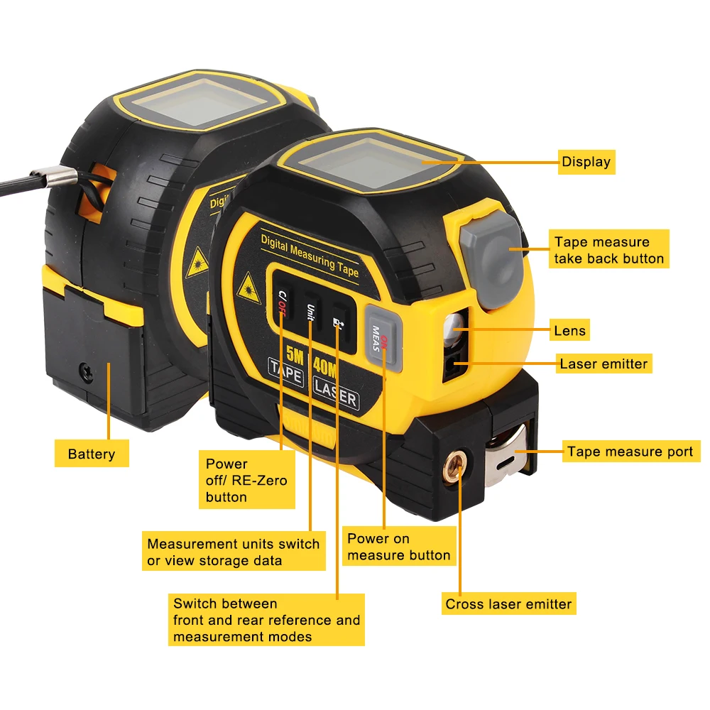 5M Building Measurement Device LCD Display with Backlight 3 in 1 Laser Rangefinder Distance Meter Tape Measure Ruler